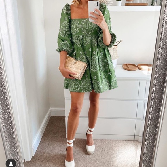 ZARA NWT Green Floral Embroidered Cutout Bardot Dress Puff Sleeves - Picture 4 of 12